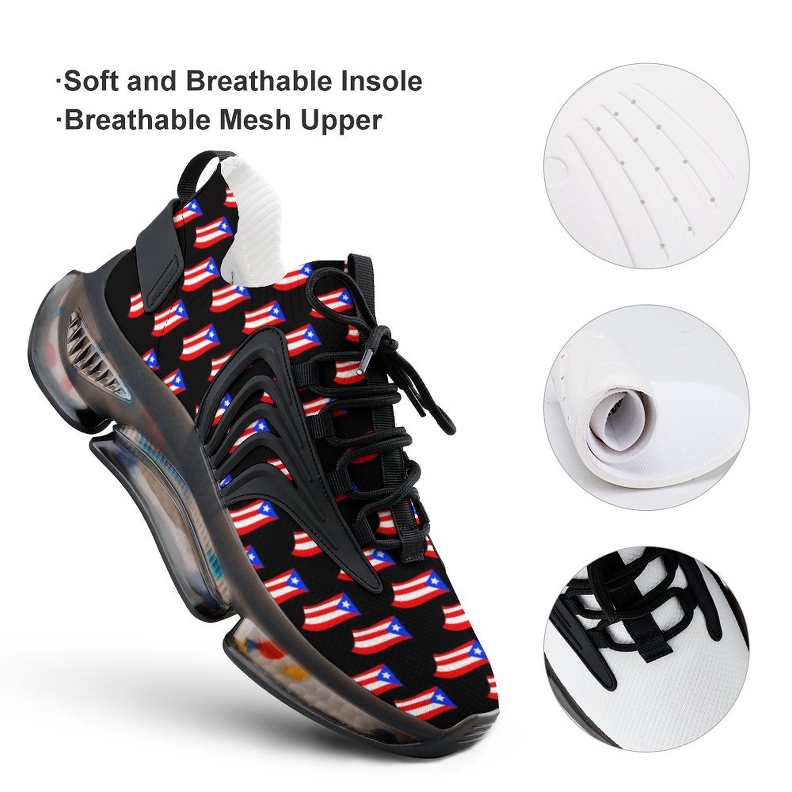Puerto Rican Flags Black Women's Mesh Sneakers (F68)