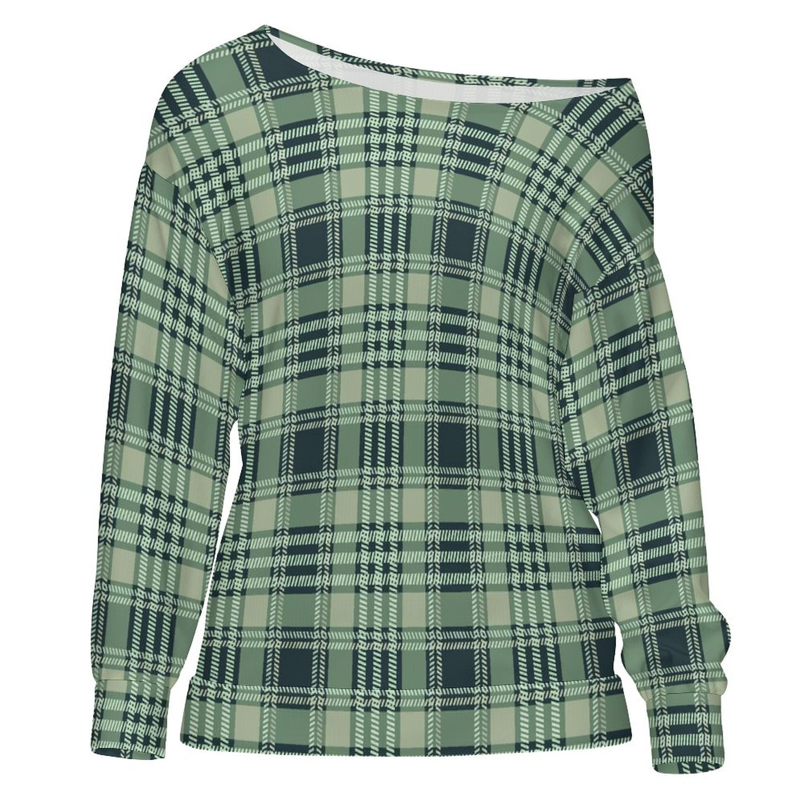 Emerald Plaid Delight Women's Off Shoulder Sweatshirt