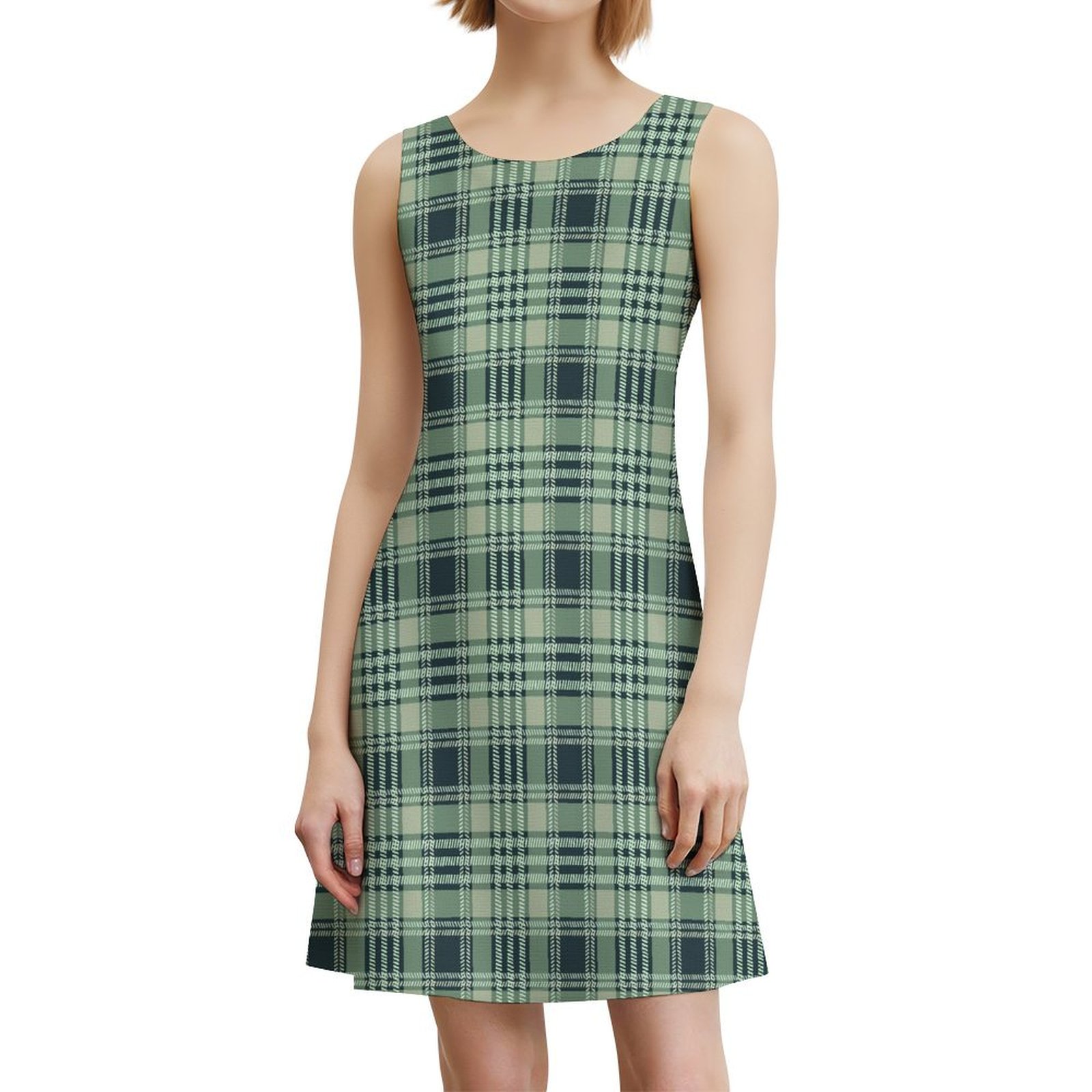 Emerald Plaid Delight All Over Print Sleeveless Dress