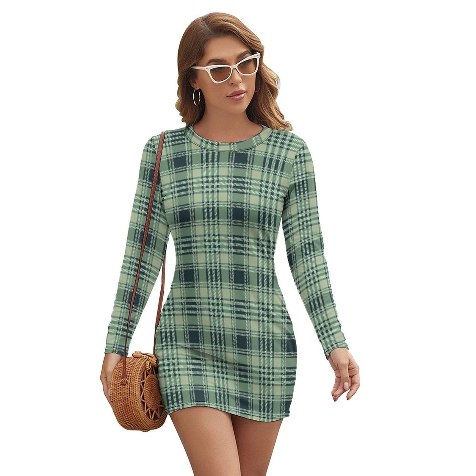 Emerald Plaid Delight Women's Long Sleeve Dress