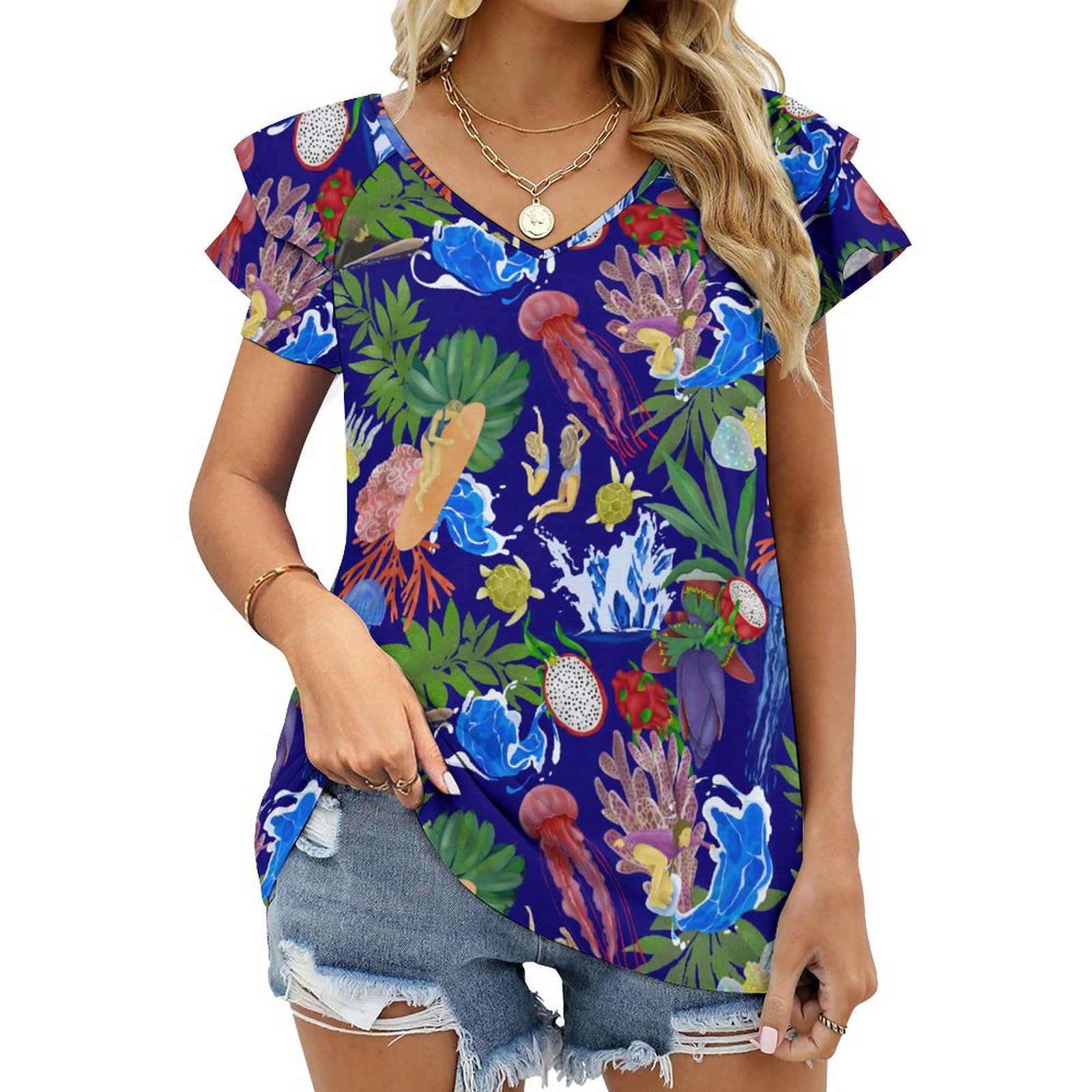 Tropical Surf Dream 2 Women's Ruffle Sleeve V-Neck T-Shirt