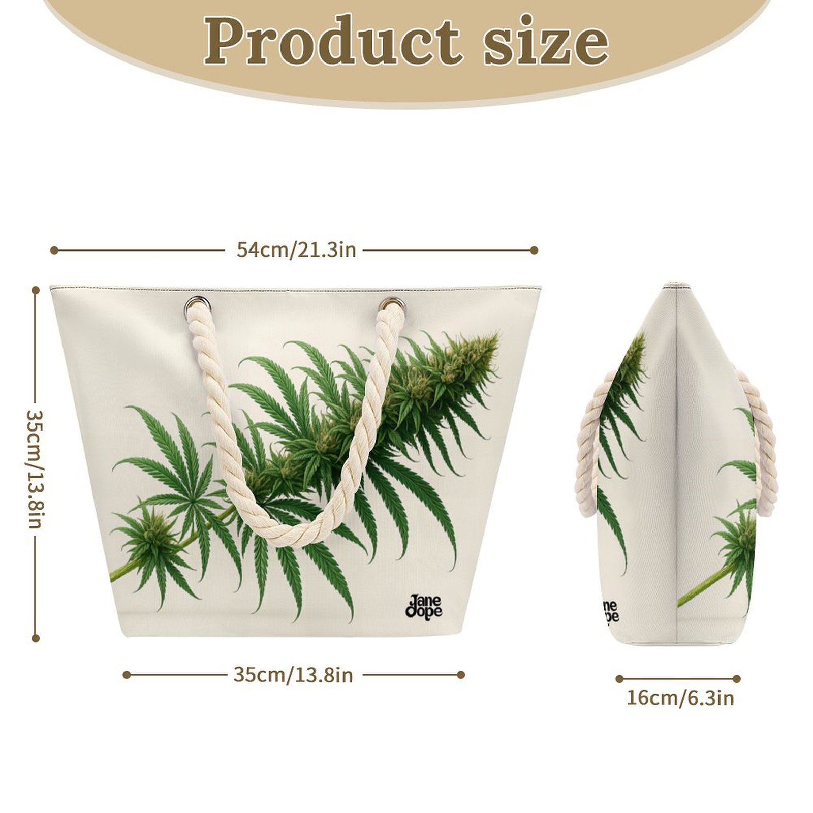 Original Flora tote dimension diagram: 54 cm top width, 35 cm body height and base width, and 16 cm depth.