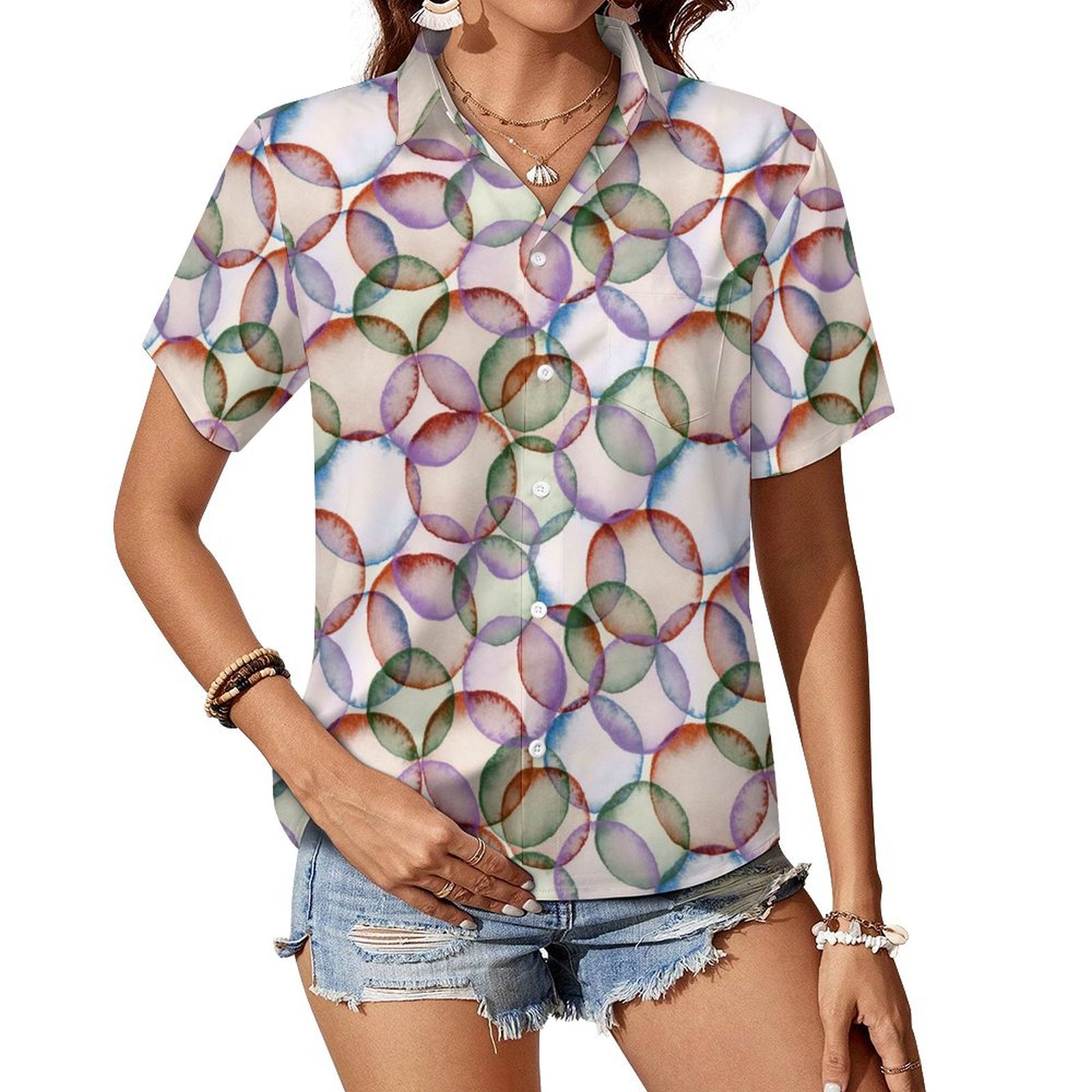 Bold Circular Symphony Women Short-Sleeve Blouse with Pocket