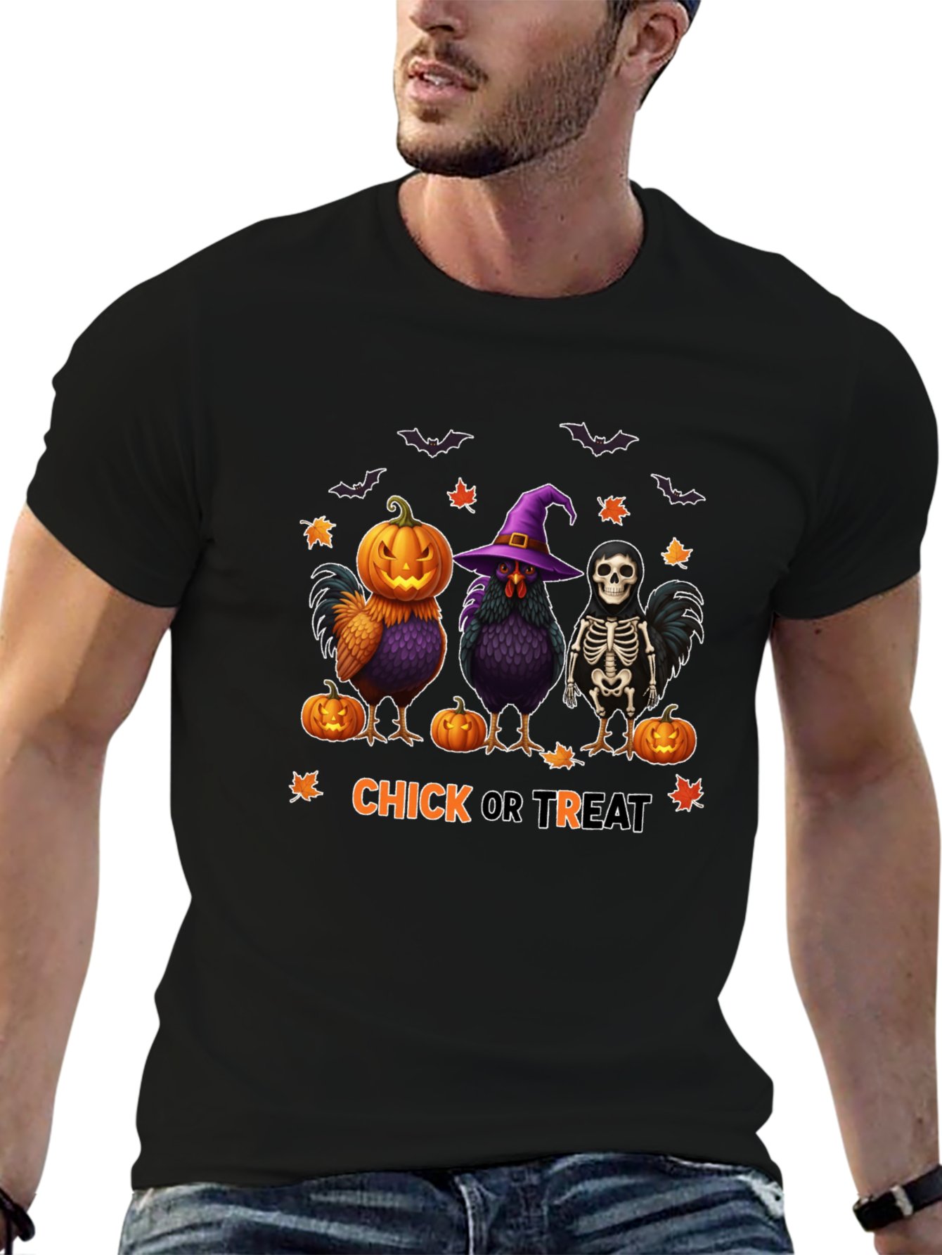 Halloween Chick Or Treat T-shirt Cotton Short Sleeve T-shirt (Front Side Printing)
