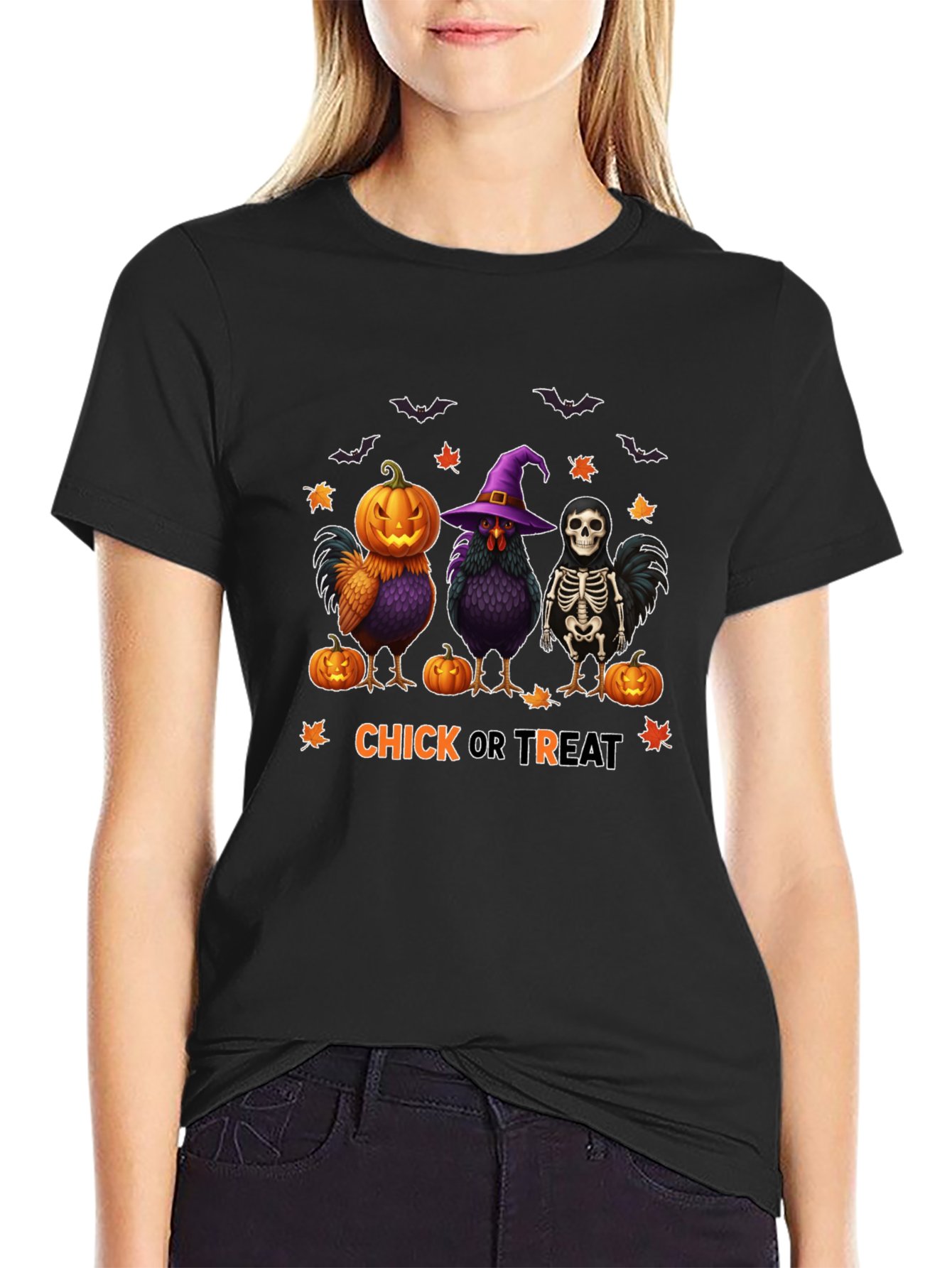 Halloween Chick Or Treat T-shirt Cotton Short Sleeve T-shirt (Front Side Printing)
