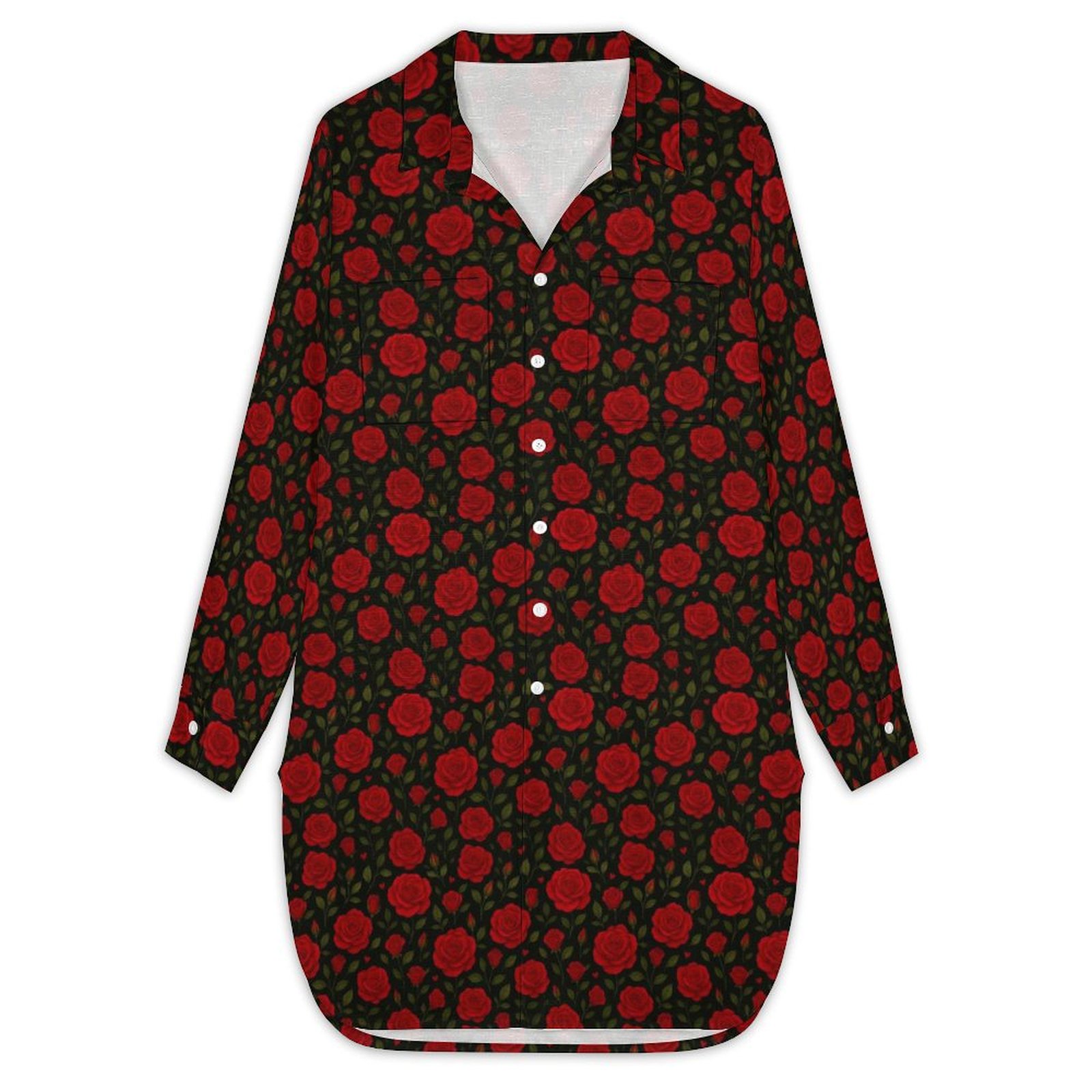 Red Roses on a Black Background Petal shirt dress Women's Button Up ...