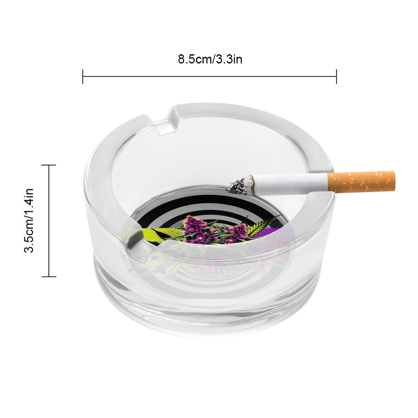 Original LIT Glass Ashtray dimension diagram showing 8.5 cm diameter and 3.5 cm height
