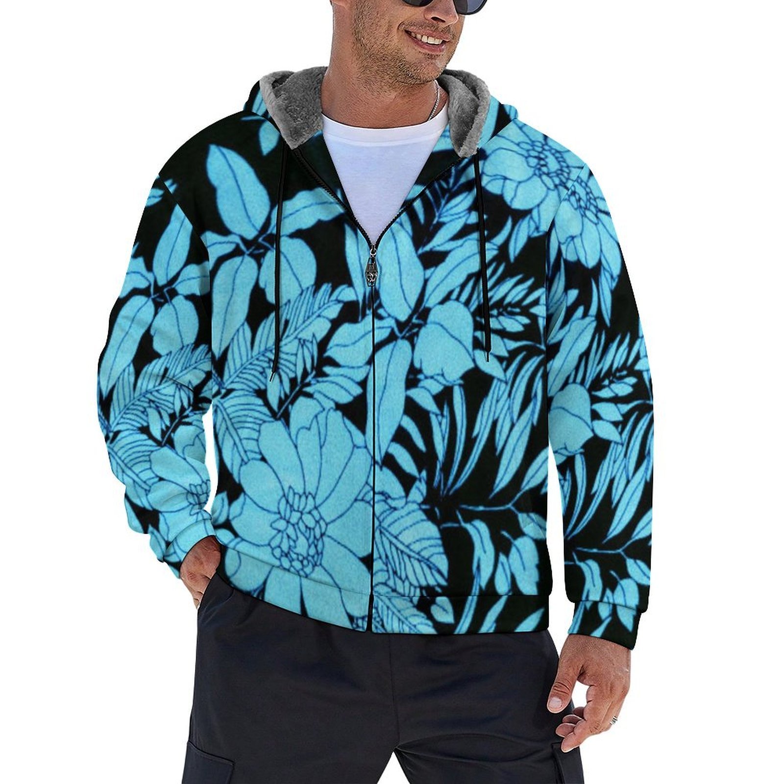 winter blue floral watercolor Men's Double Layer Fleece Zippered Hoodie