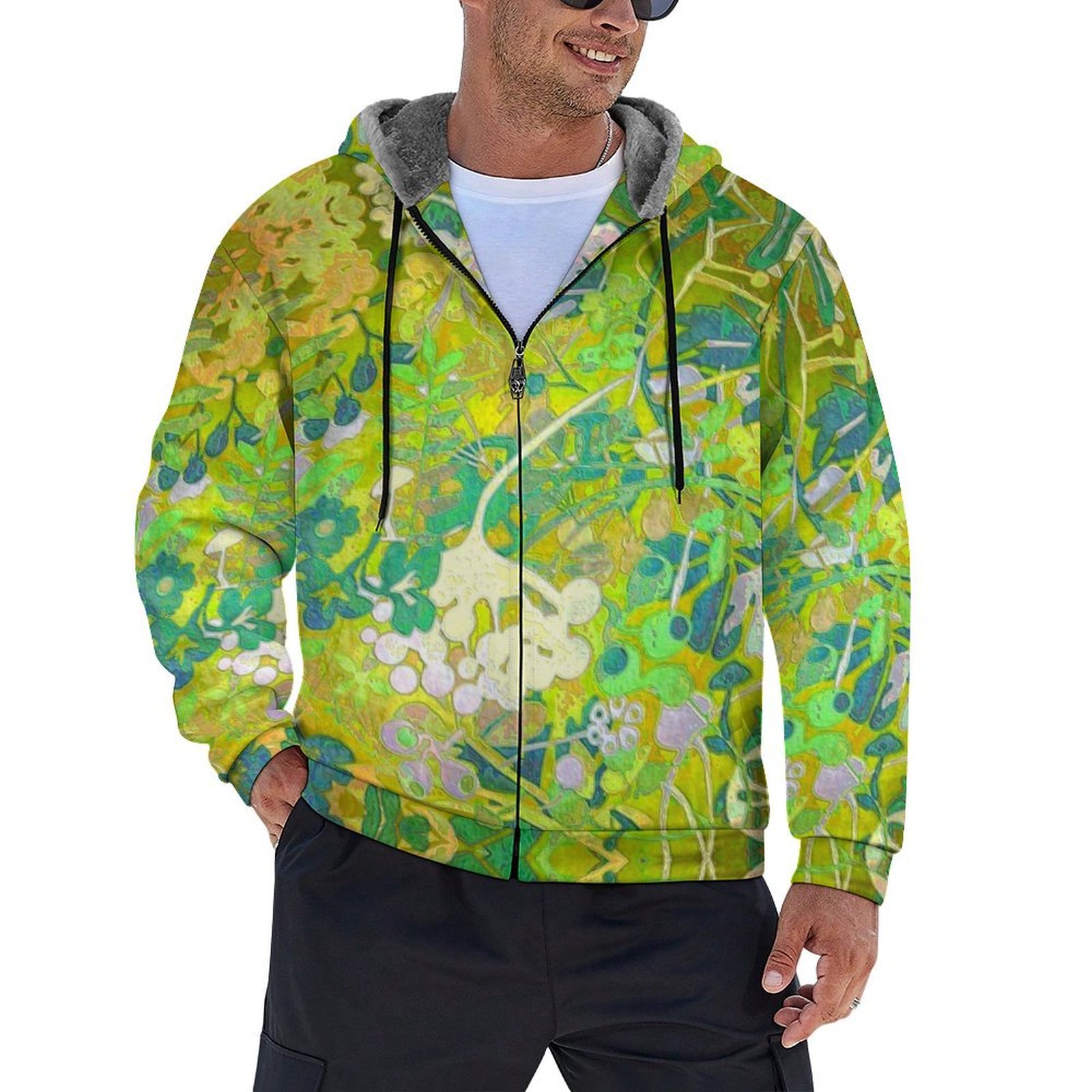 abstract floral in shades of green Men's Double Layer Fleece Zippered Hoodie