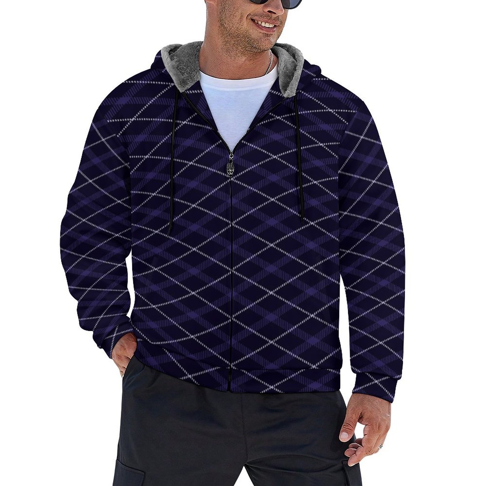 Royal Blue Plaid/Tartan with Lavender Accent Stripe Men's Double Layer Fleece Zippered Hoodie