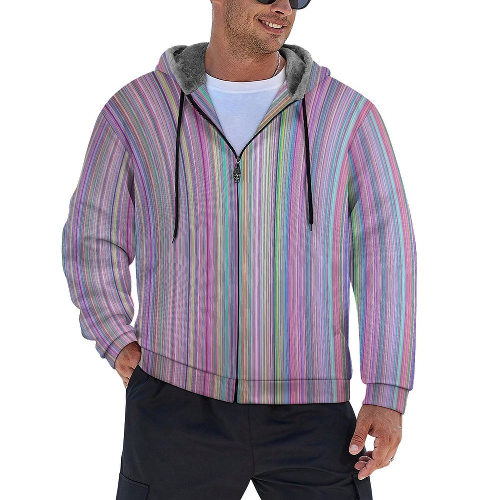 Broken TV rainbow stripe pastel Men's Double Layer Fleece Zippered Hoodie