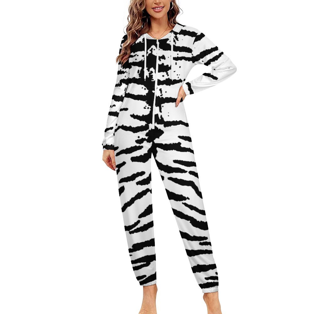 White Tiger One-Piece Zip-Up Hooded Loungewear