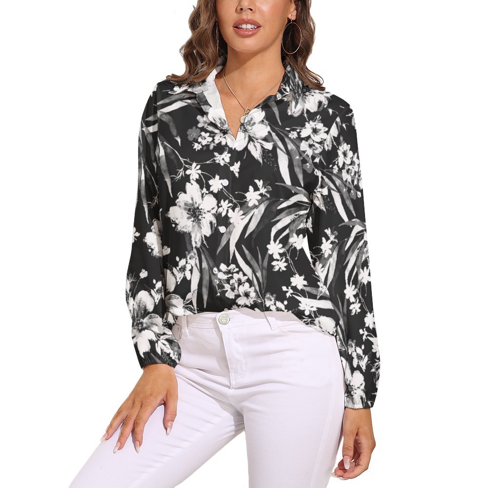 Monochrome Floral Dance Women's Casual Long-Sleeve Blouse