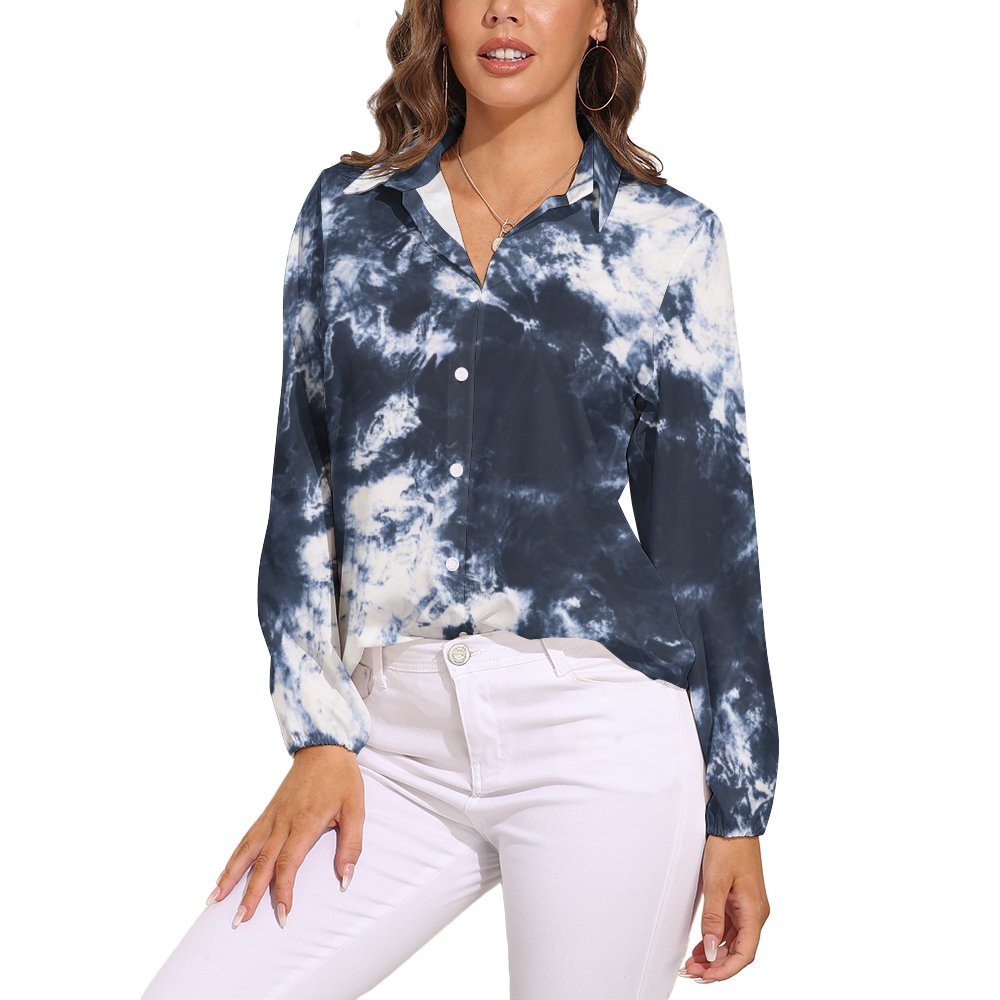 Dark_blue_watercolor_stains Women's Casual Long-Sleeve Blouse