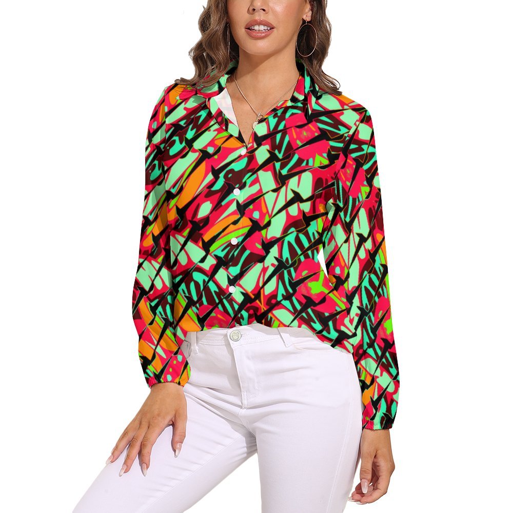 Psychedelic vibrant ornamental neo retro style 1 black slanted Women's Casual Long-Sleeve Blouse