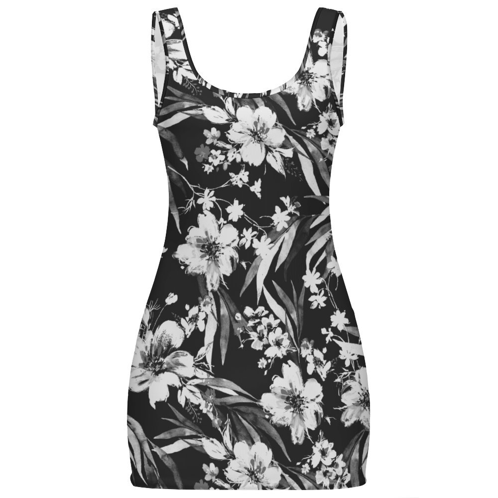 Monochrome Floral Dance Sunmer Basic Bodycon Tank  Dress