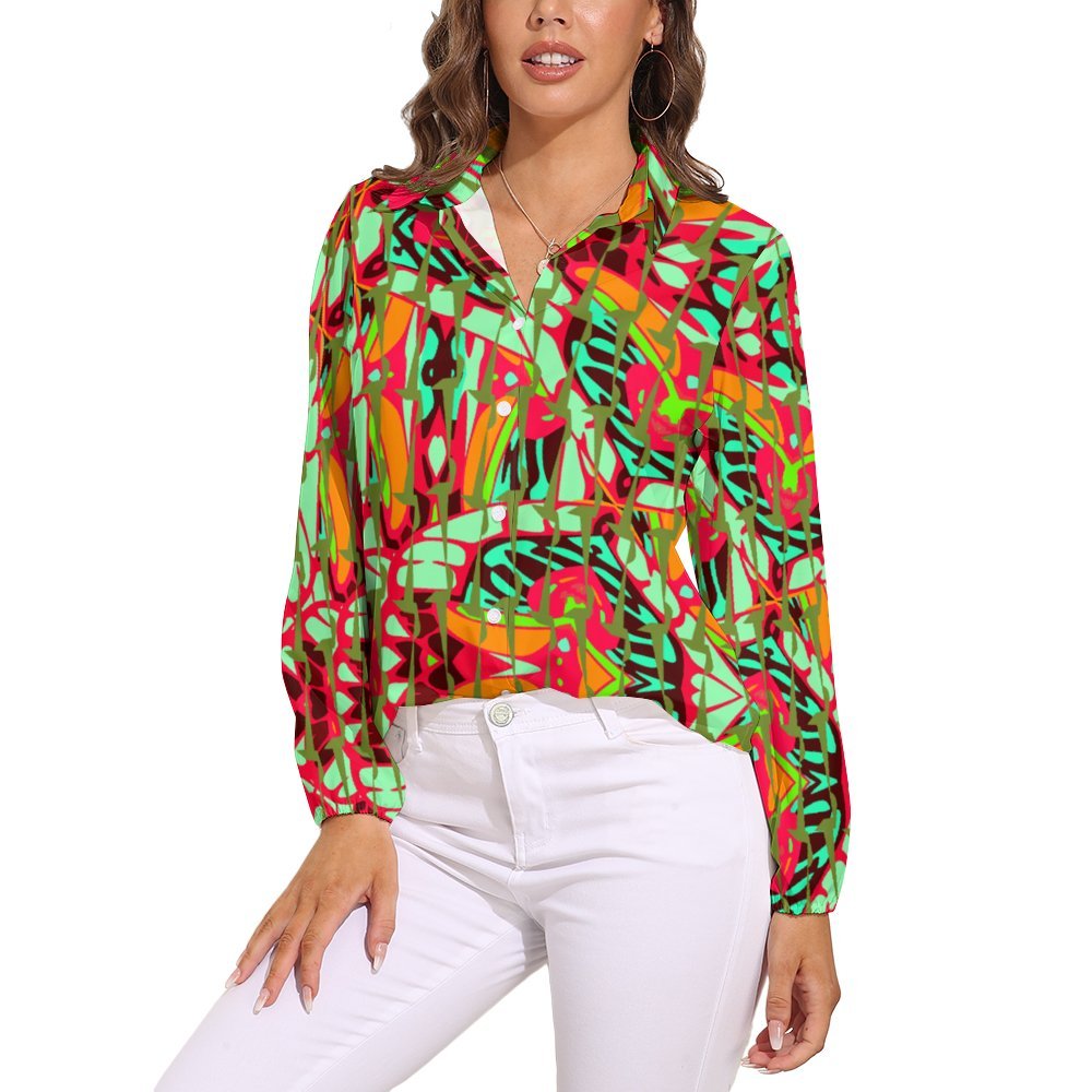 Psychedelic vibrant ornamental neo retro style 3 moss Women's Casual Long-Sleeve Blouse