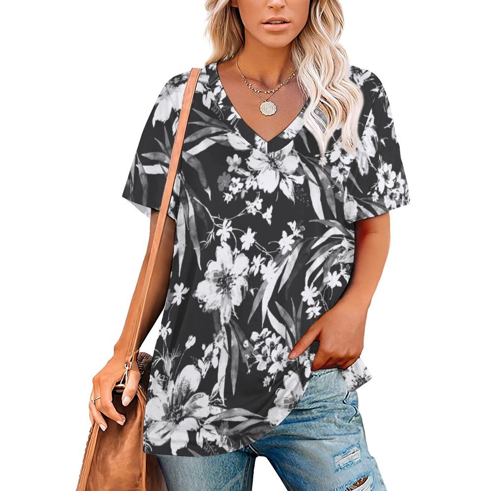 Monochrome Floral Dance Women's Short-Sleeve V-Neck T-Shirt